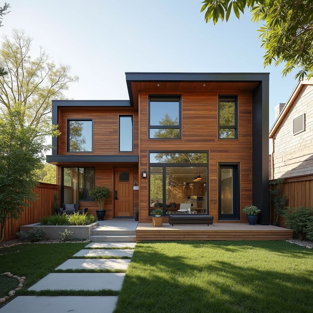 Modern two-story house with wood siding, black trim, and a small front yard with a lawn and stone path.