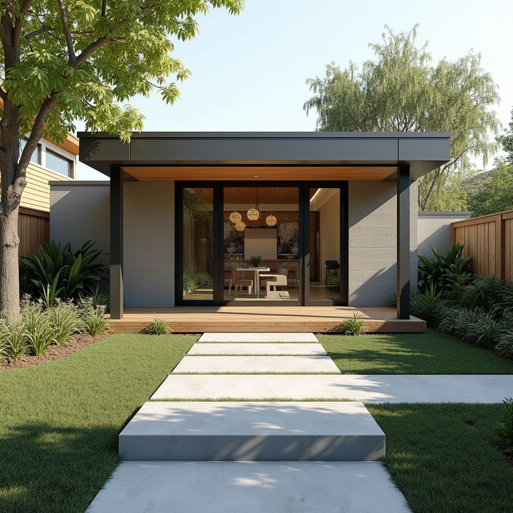 Modern backyard office with gray exterior, glass doors, and a stone path.