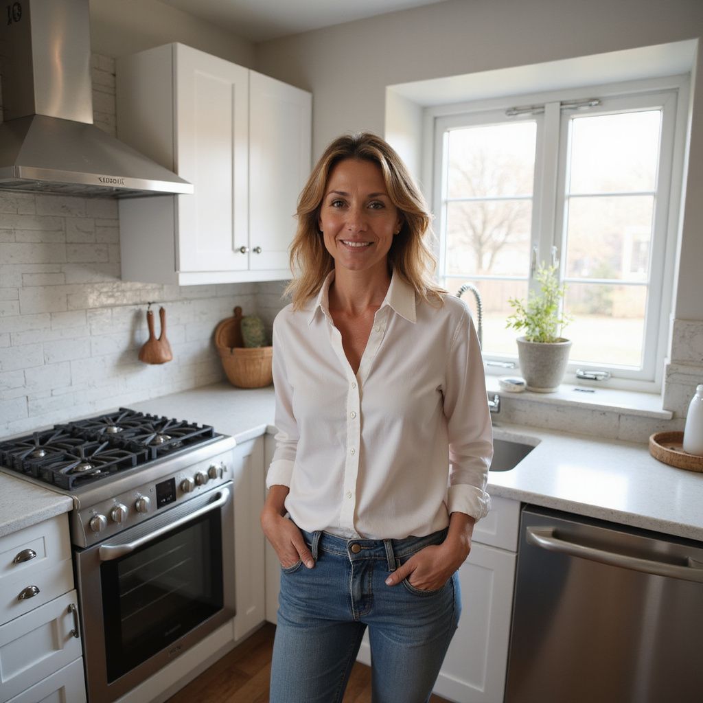 Woman in a white shirt and jeans, standing in a bright white kitchen with stainless steel appliances.