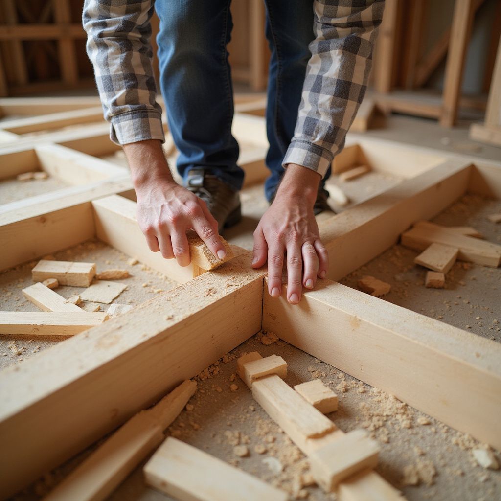 Person building a wooden frame. Hands connecting lumber pieces on a concrete floor inside a building.