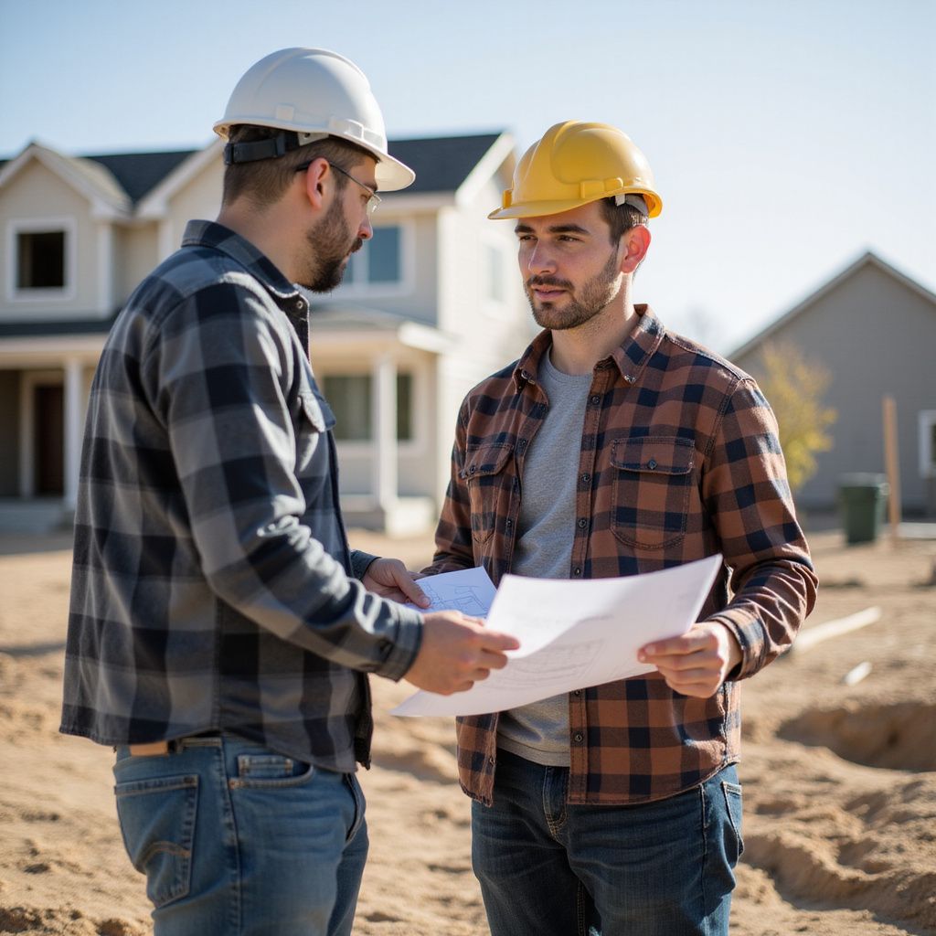 Two construction workers reviewing blueprints on a building site.