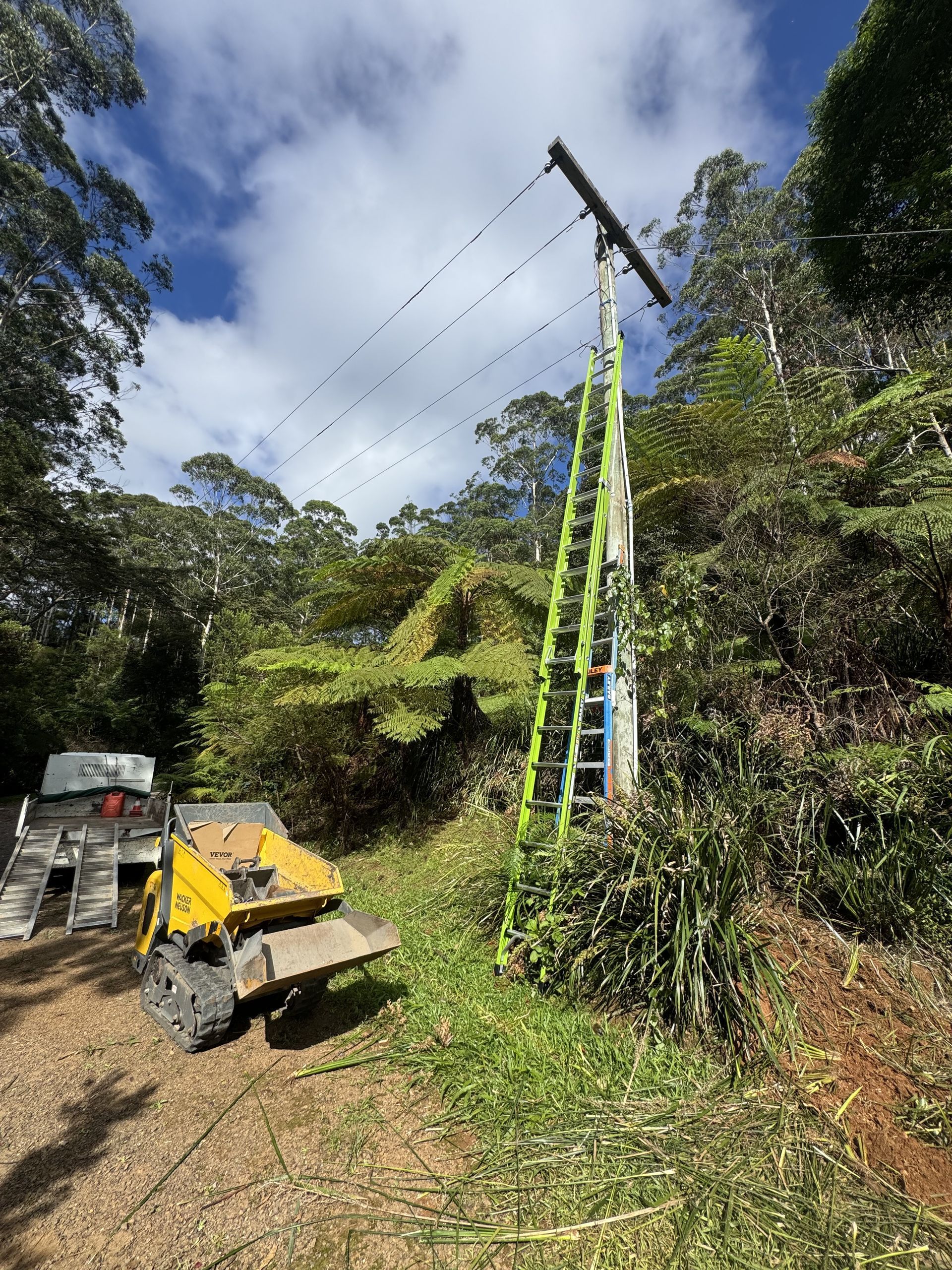 A utility worker on a tall ladder, with machinery, near a power pole in a wooded area — Higgins Electrical in Caboolture, QLD