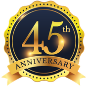 A 45th anniversary badge with a gold ribbon