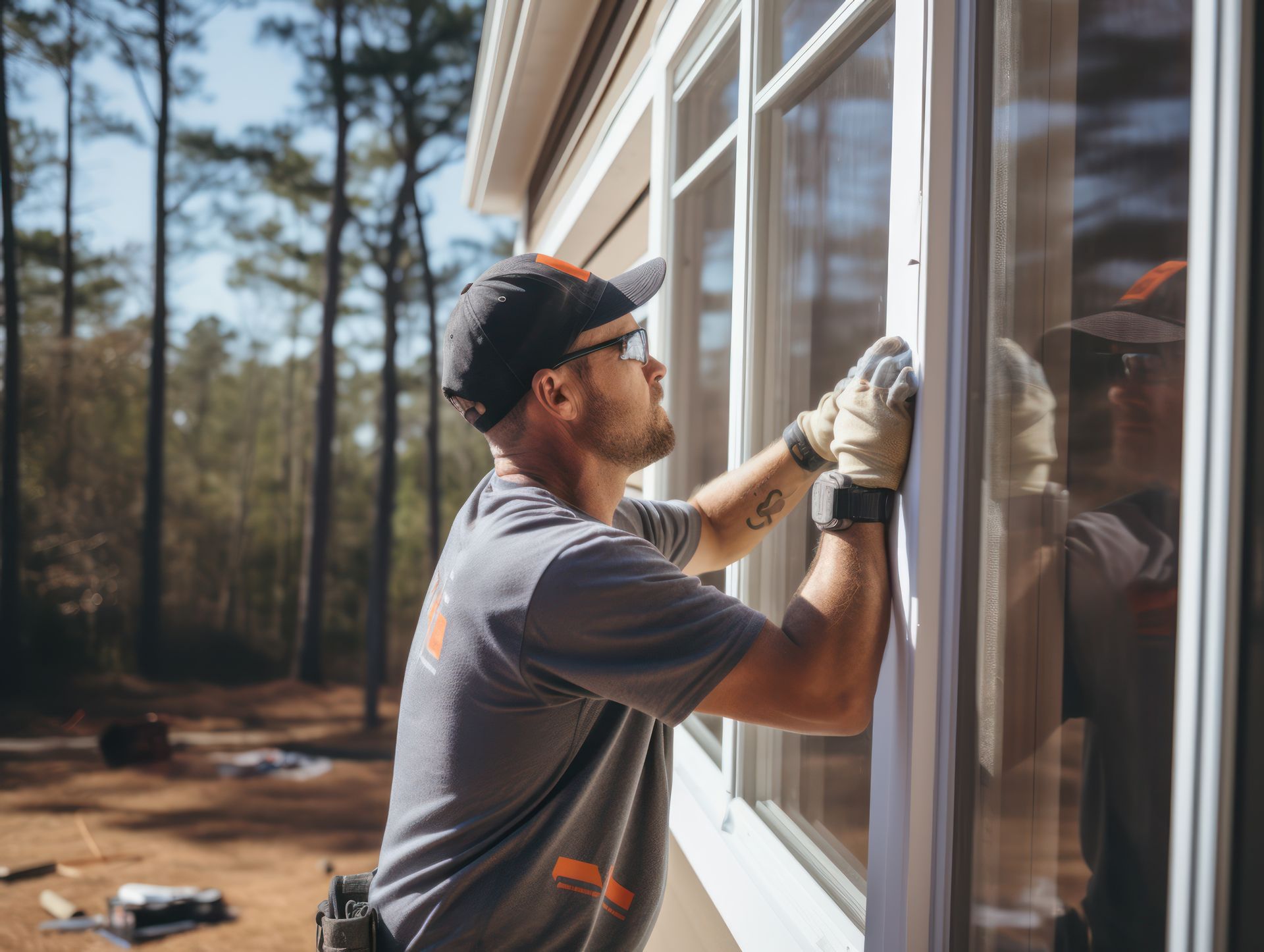 A man is installing a window on a house.