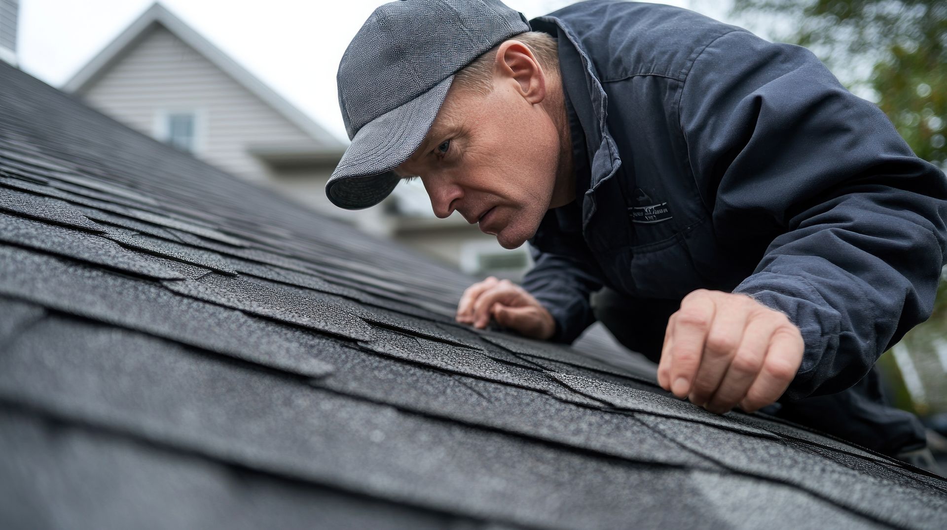 A man is looking at the roof of a house.