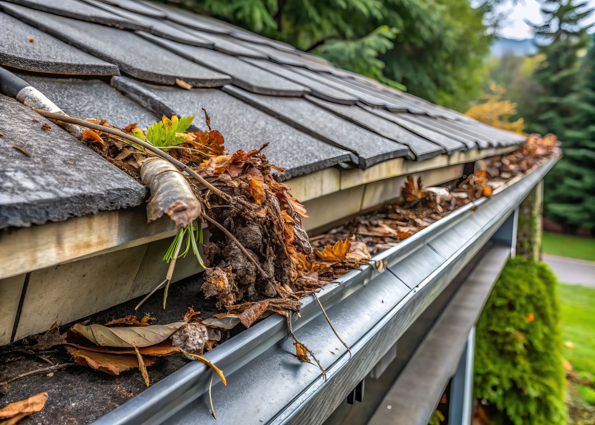 A gutter filled with leaves and branches on a roof.