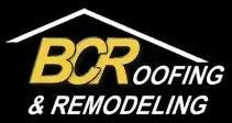 A logo for bcr roofing and remodeling with a roof on a black background.