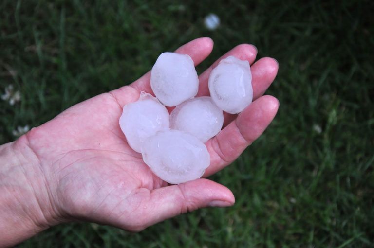 A person is holding a handful of hail in their hand.
