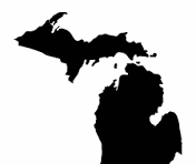 A black and white silhouette of the state of michigan on a white background.