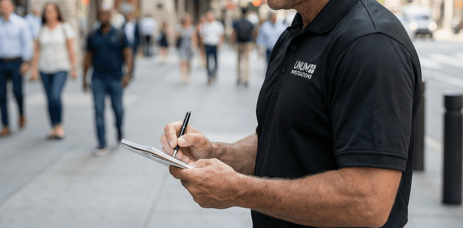 Man in black shirt writing on a notepad in a busy city street.