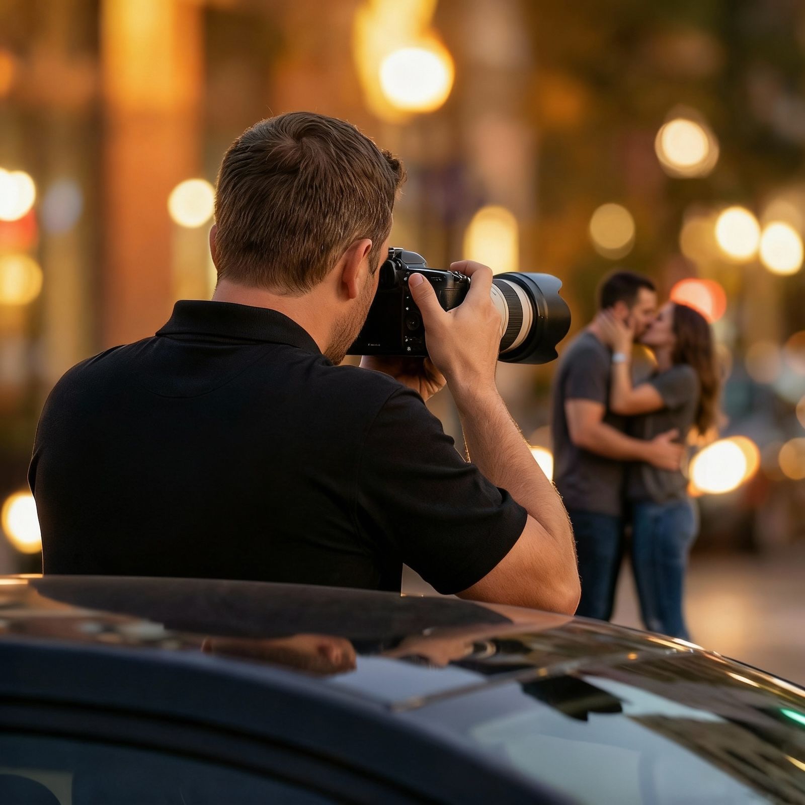 Photographer taking photo of couple kissing, outdoors at night. Bokeh of city lights visible.