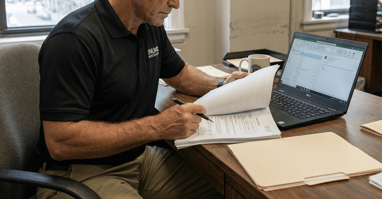 Man in black polo shirt reviewing documents at a desk with a laptop.