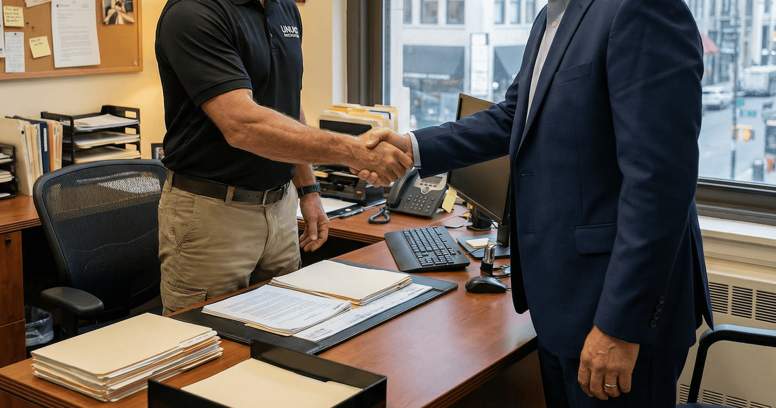 Two men shaking hands in an office, one in a suit, the other in a black shirt and khakis.