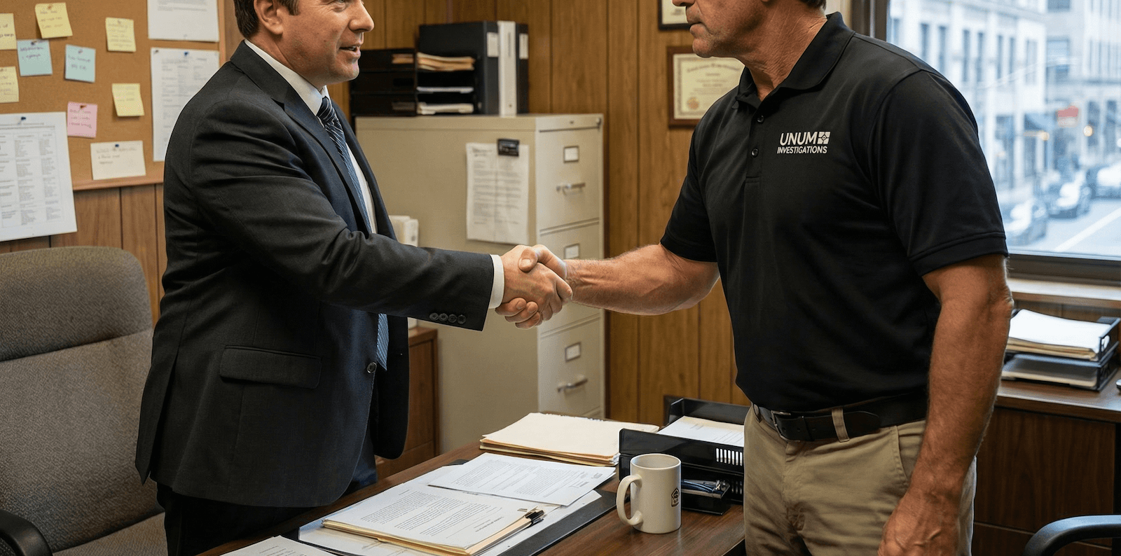Two men shaking hands in an office, one in a suit, the other in a black shirt, at a desk near a window.