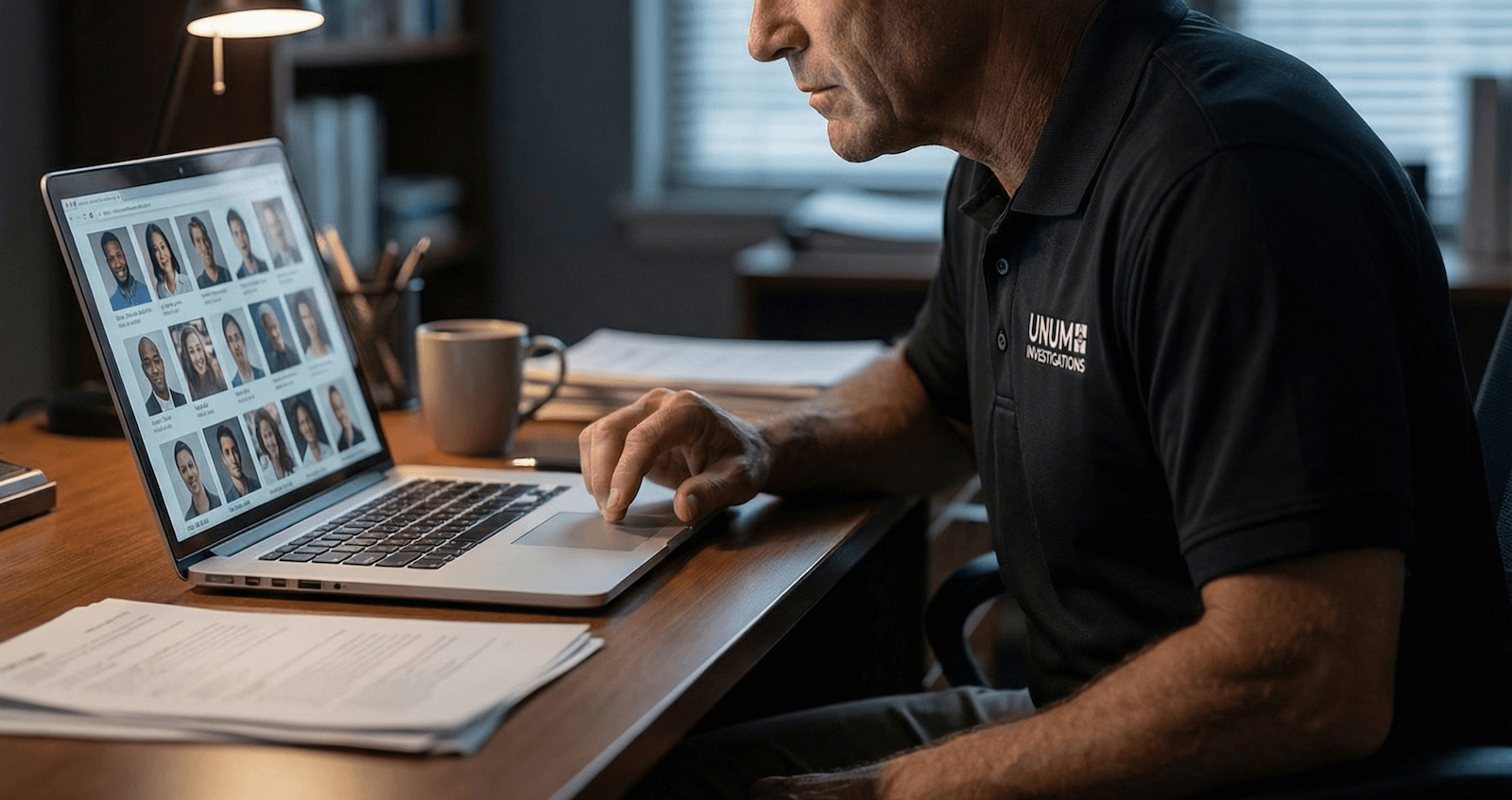 Man at desk using laptop, video conference with multiple faces visible, papers, mug.