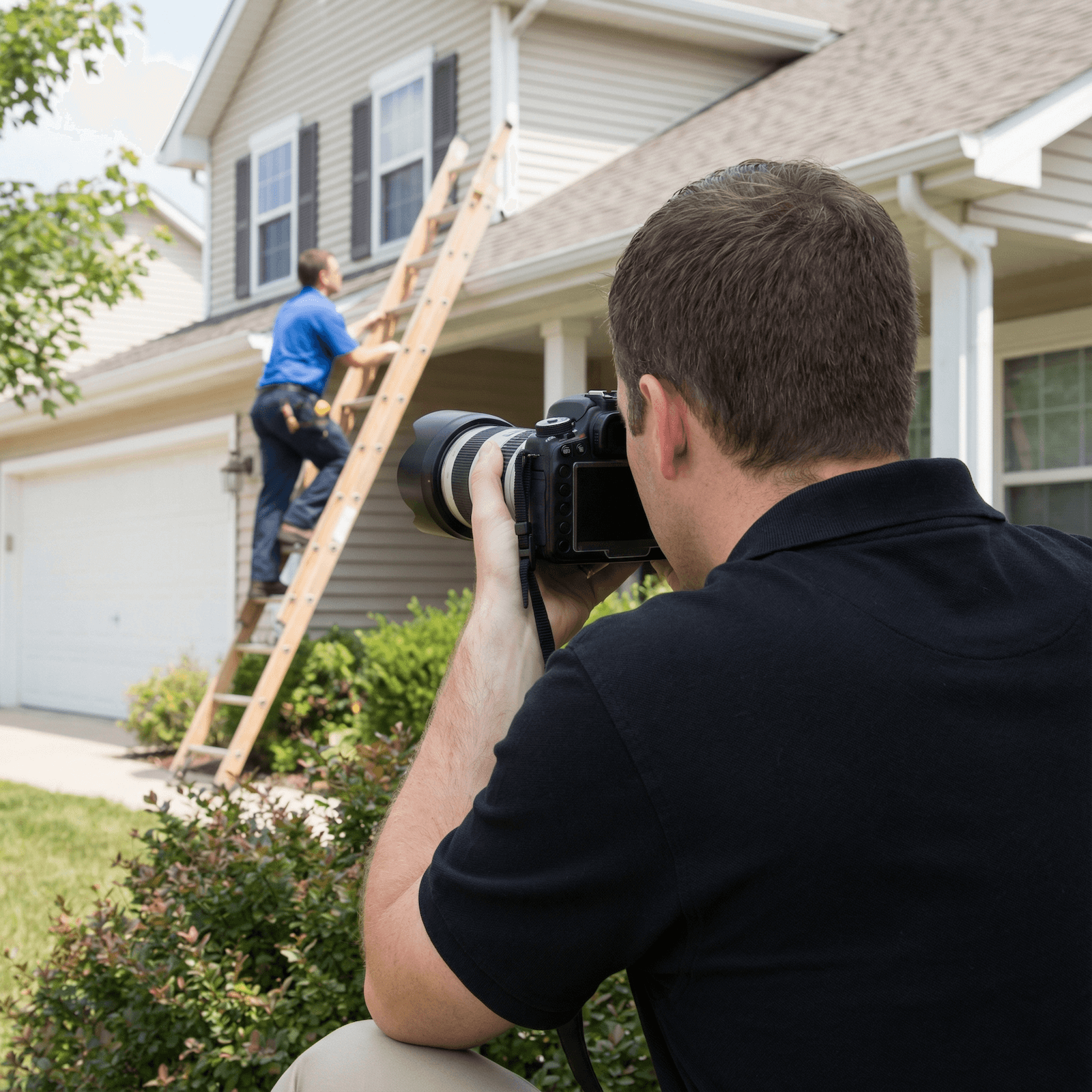 Man photographs a person on a ladder working on a house's exterior; green grass, beige siding.