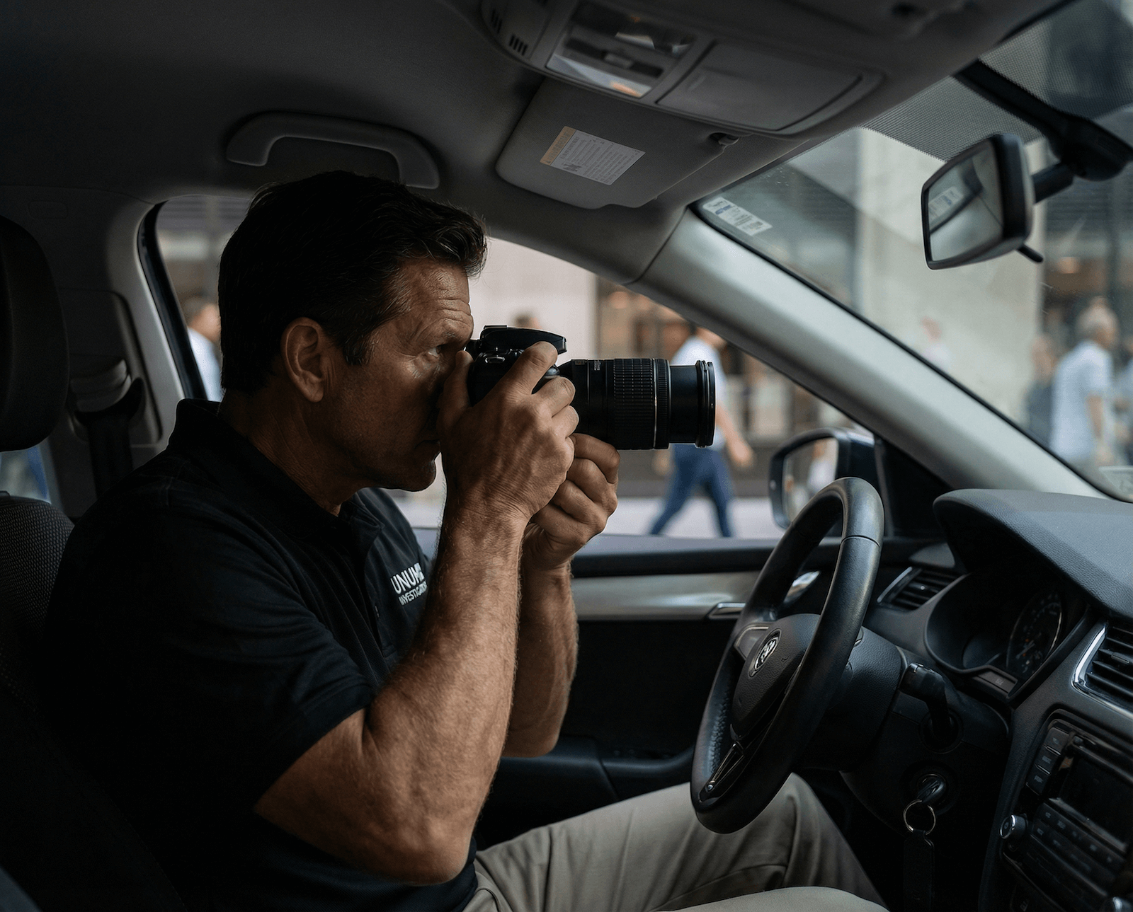 Man in car taking photos with a camera; city street in background.