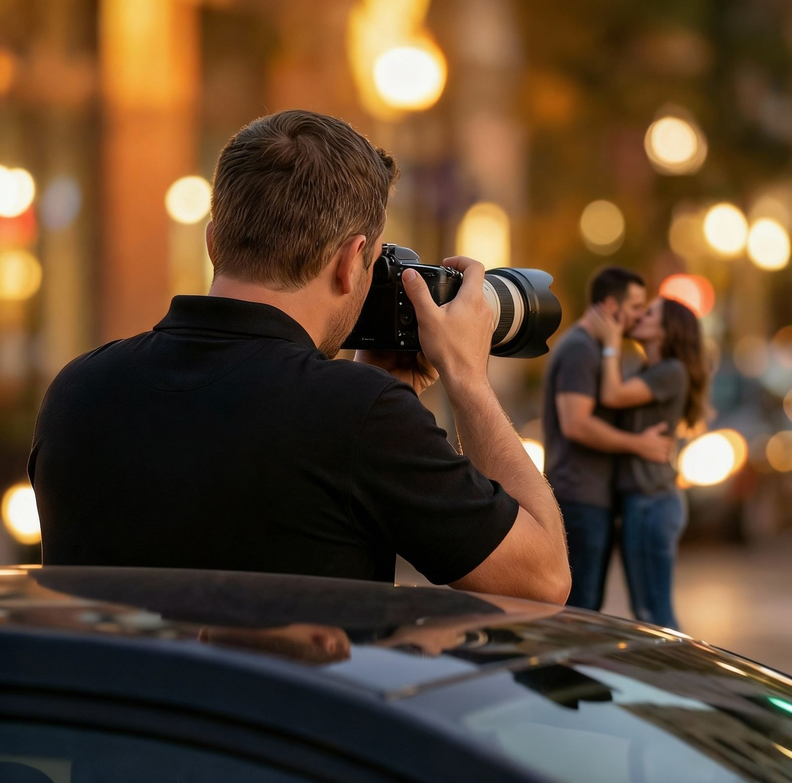 Photographer with a telephoto lens captures a couple kissing in an evening cityscape.