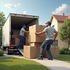 Two movers loading cardboard boxes from a truck onto a driveway in front of a house.
