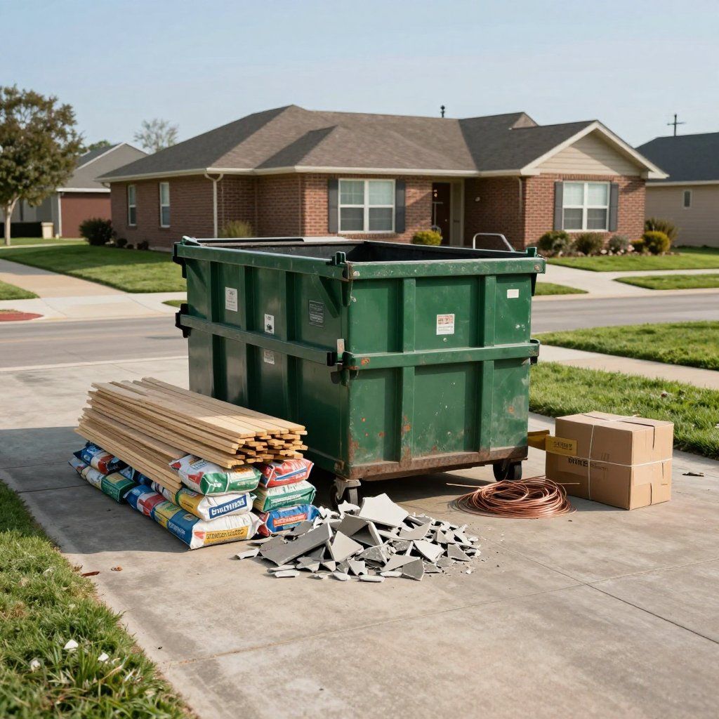 Green dumpster on a driveway with debris; a suburban house in the background.