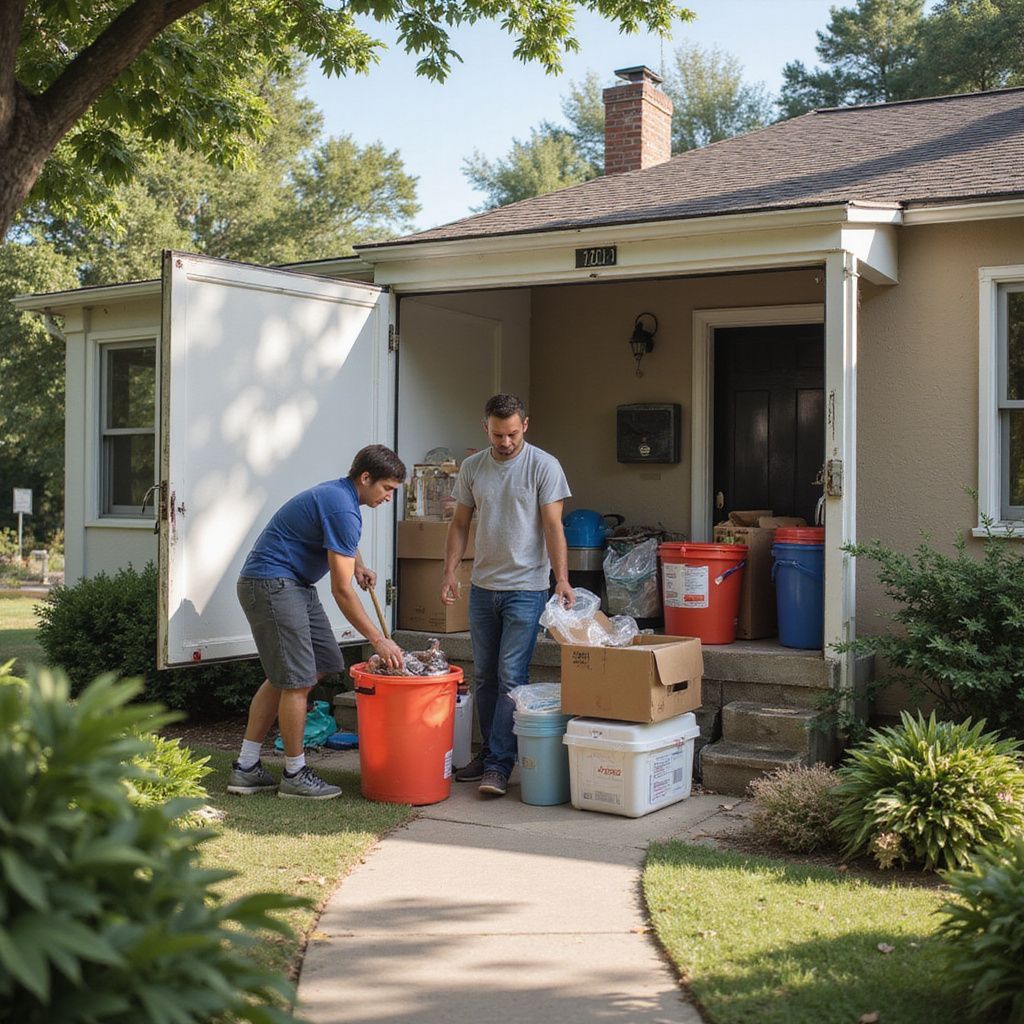 Two people loading items into a storage container at a house's entrance.
