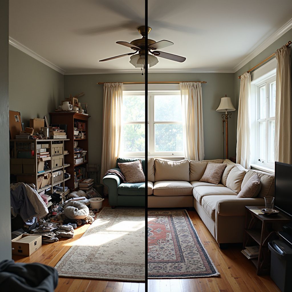 Room halves: messy cluttered space on left, clean living room on right.