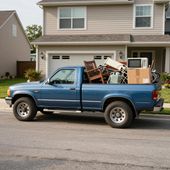 Blue pickup truck loaded with furniture and boxes parked in front of a house.