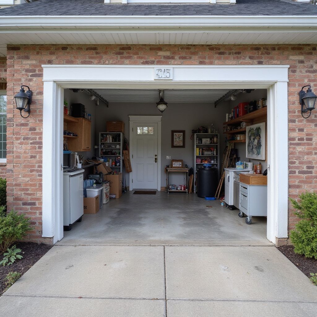 Open garage with concrete floor, brick exterior, cluttered storage, and white trimmed door.