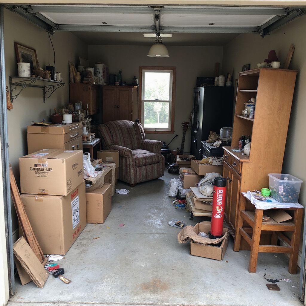 Cluttered garage filled with boxes, furniture, and various items. Concrete floor, overhead light, and a small window.