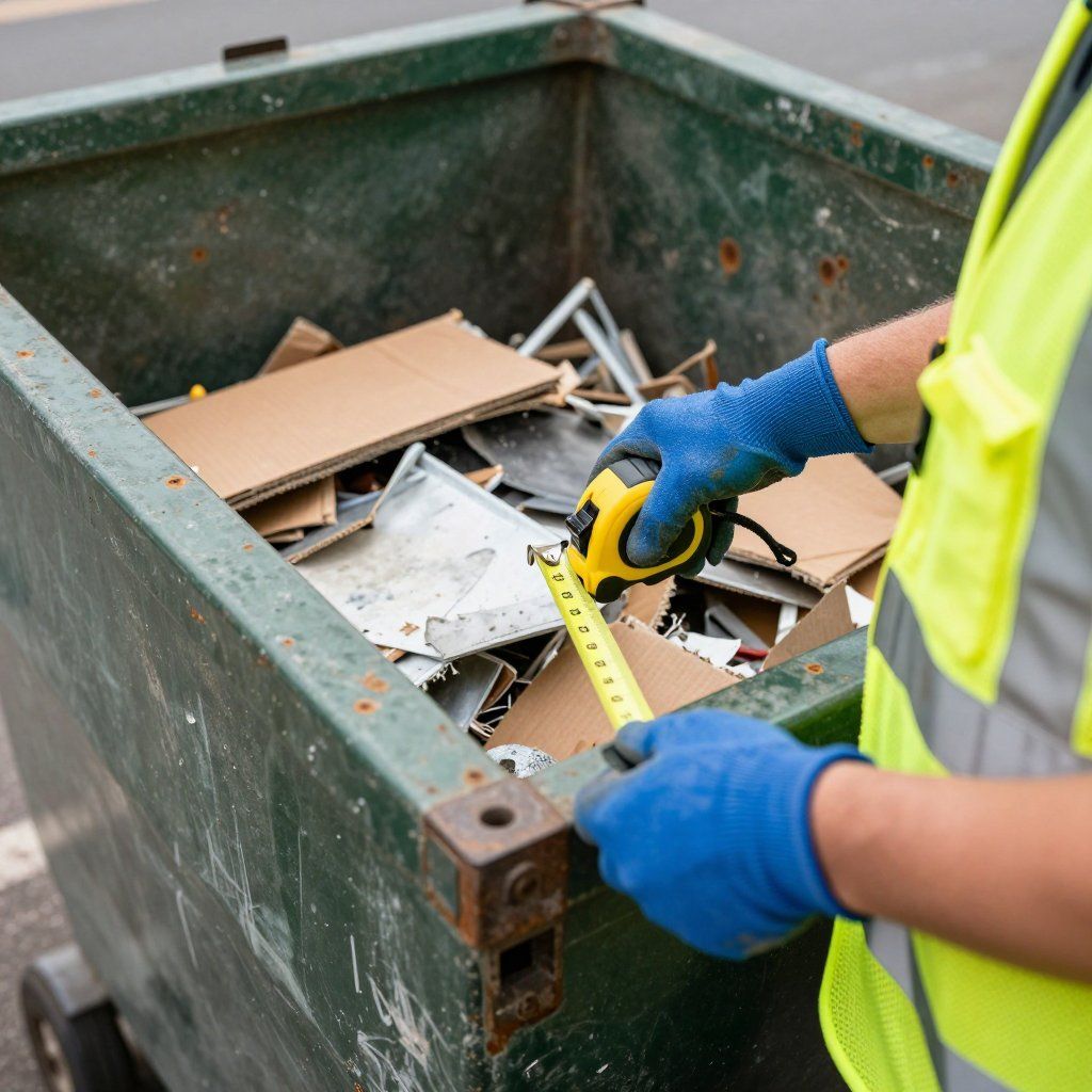 Person in a reflective vest and gloves measures waste in a green dumpster with a tape measure.