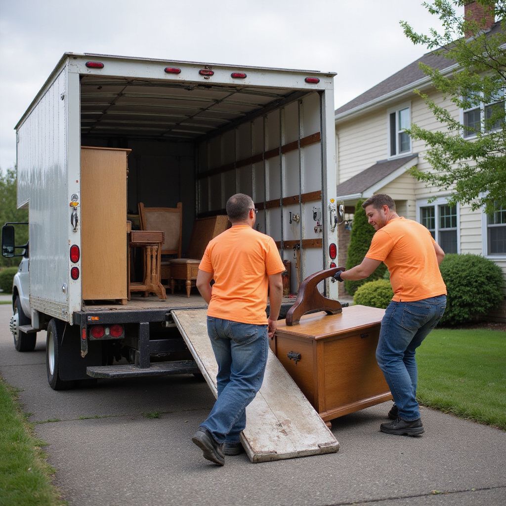 Two movers in orange shirts unload furniture from a truck onto a driveway.