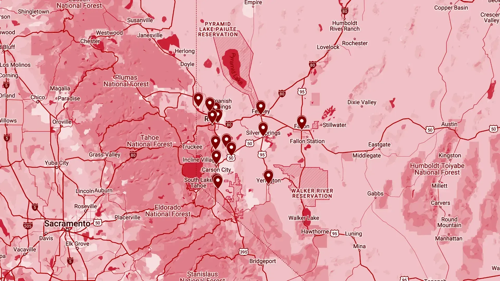 A red and white map with a lot of dots on it