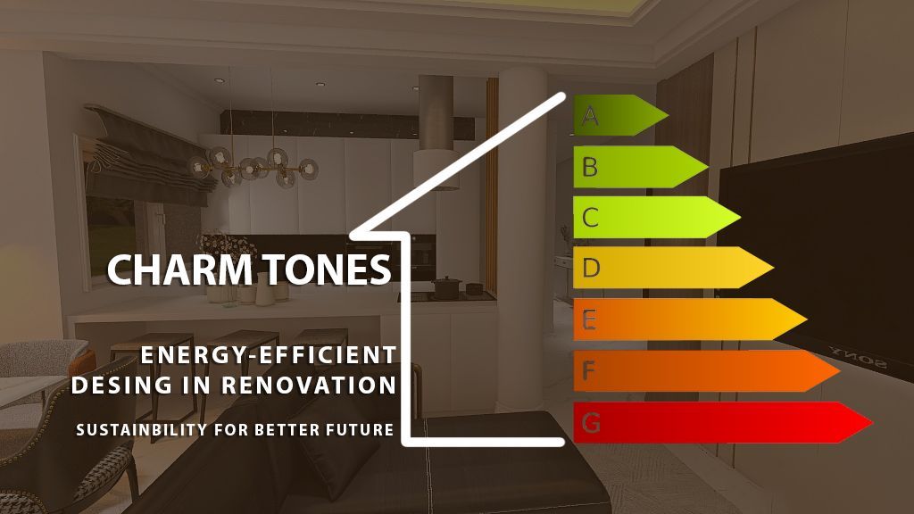 Uma sala de estar com muitos móveis e uma placa que diz tons de charme design de eficiência energética em reforma