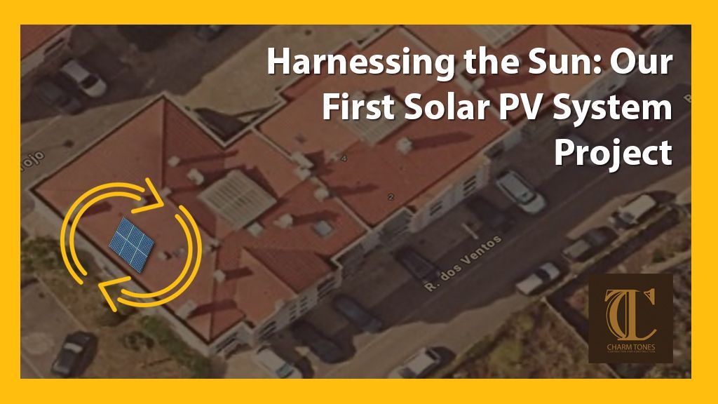 Uma vista aérea de um edifício com as palavras aproveitando o sol nosso primeiro projeto de sistema solar fotovoltaico