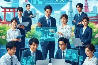 A group of business people are standing around a table with laptops.