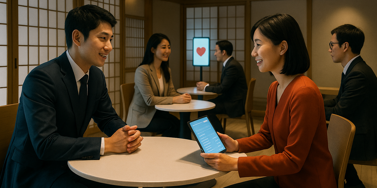 A man and a woman are sitting at a table with a tablet.