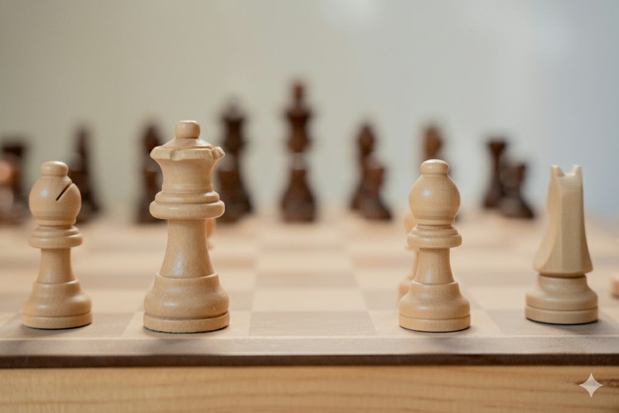 Chessboard with white pieces in the foreground, black pieces in the blurred background.
