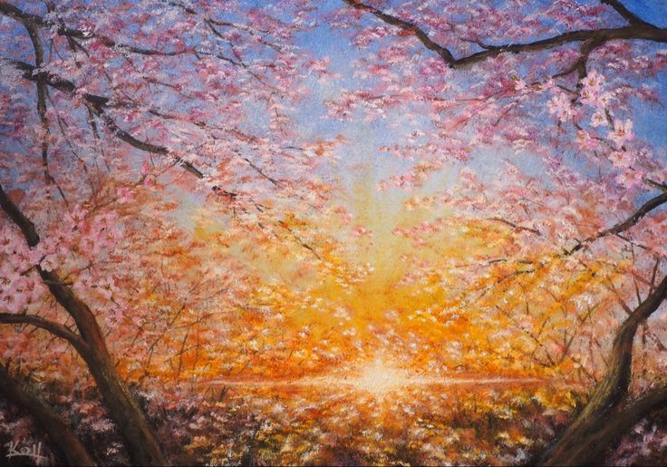 A painting of a cherry blossom tree with the sun shining through the branches.