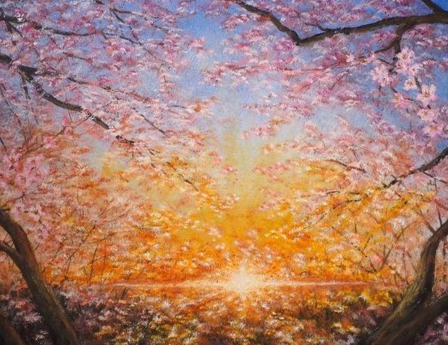 A painting of a cherry blossom tree with the sun shining through the branches.