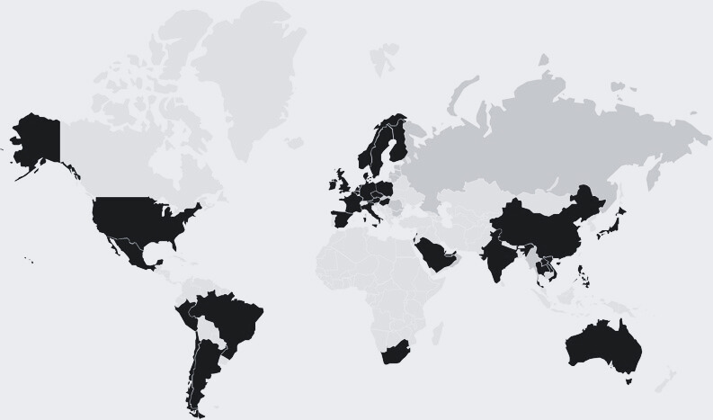 World map highlighting dark countries: USA, Brazil, Argentina, Saudi Arabia, China, India, Australia, and European Union.