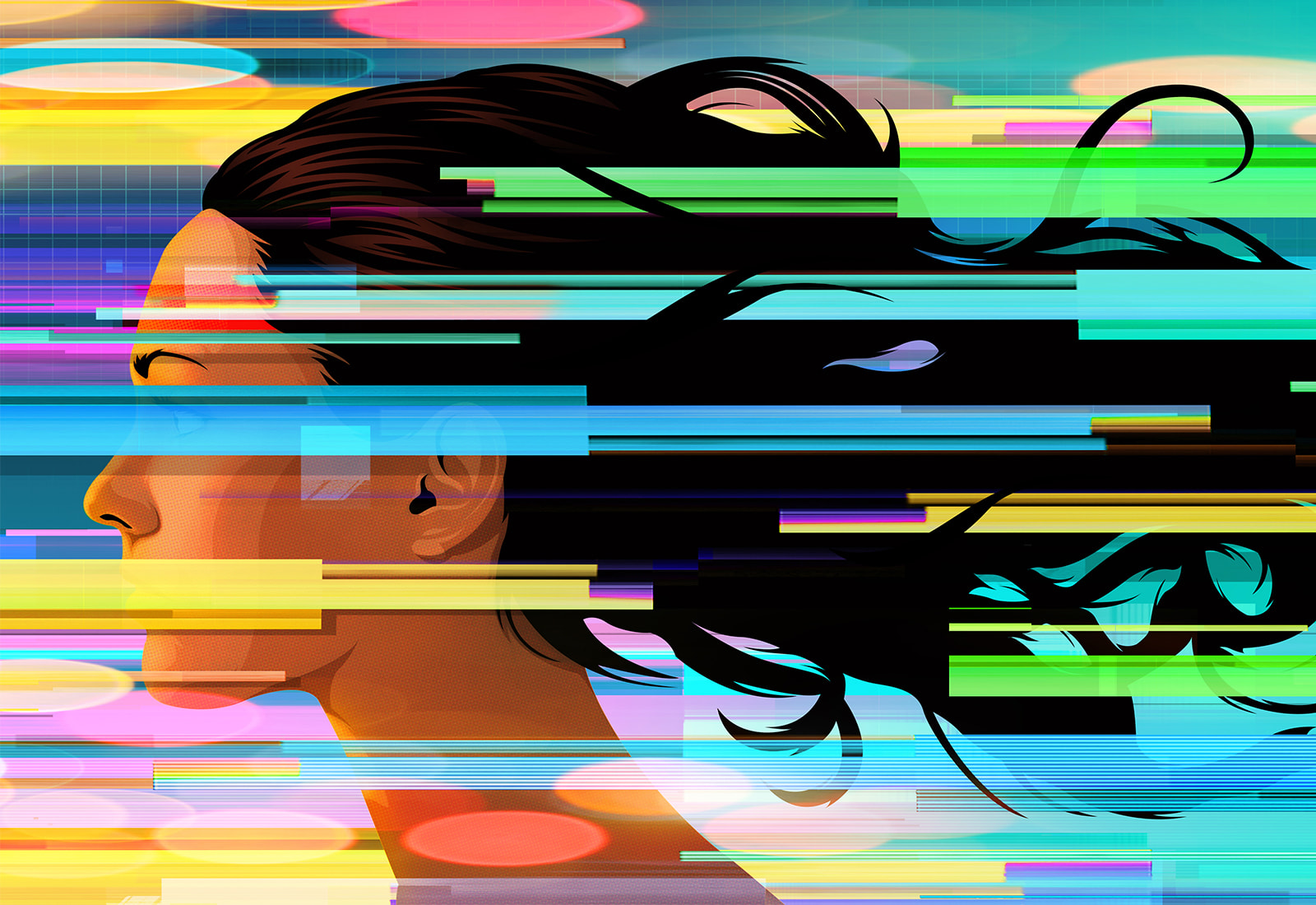 A woman with long hair is surrounded by colorful lines.