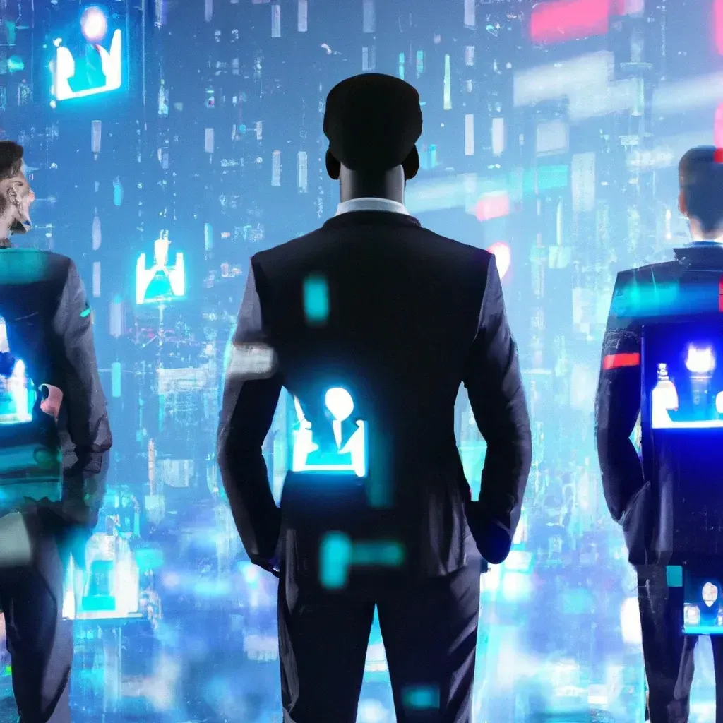 Three men in suits looking at a digital interface with icons.