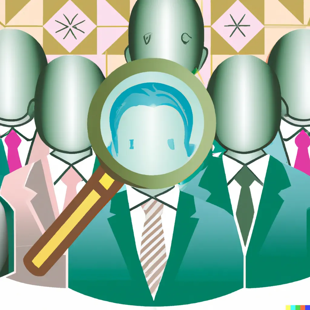 A magnifying glass shows a man in a suit and tie