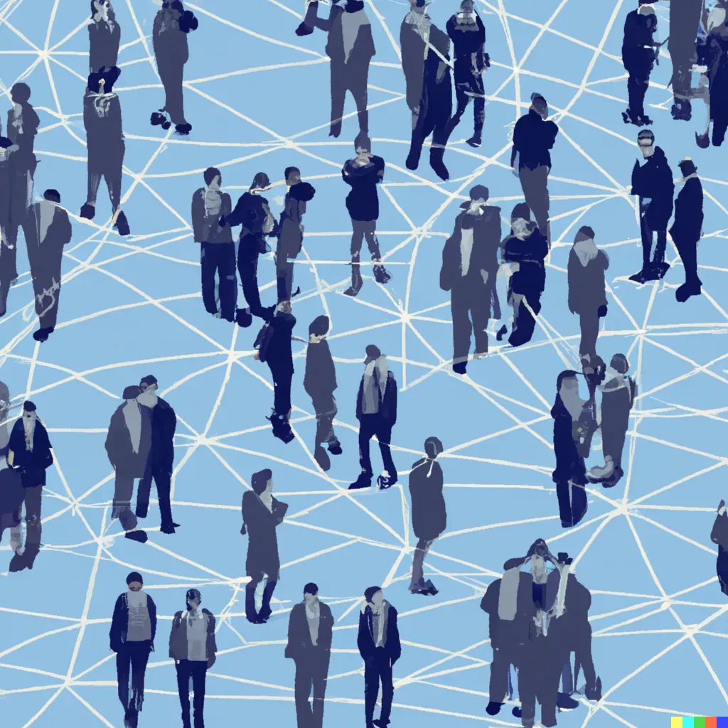 People interacting on a blue background, connected by white lines.