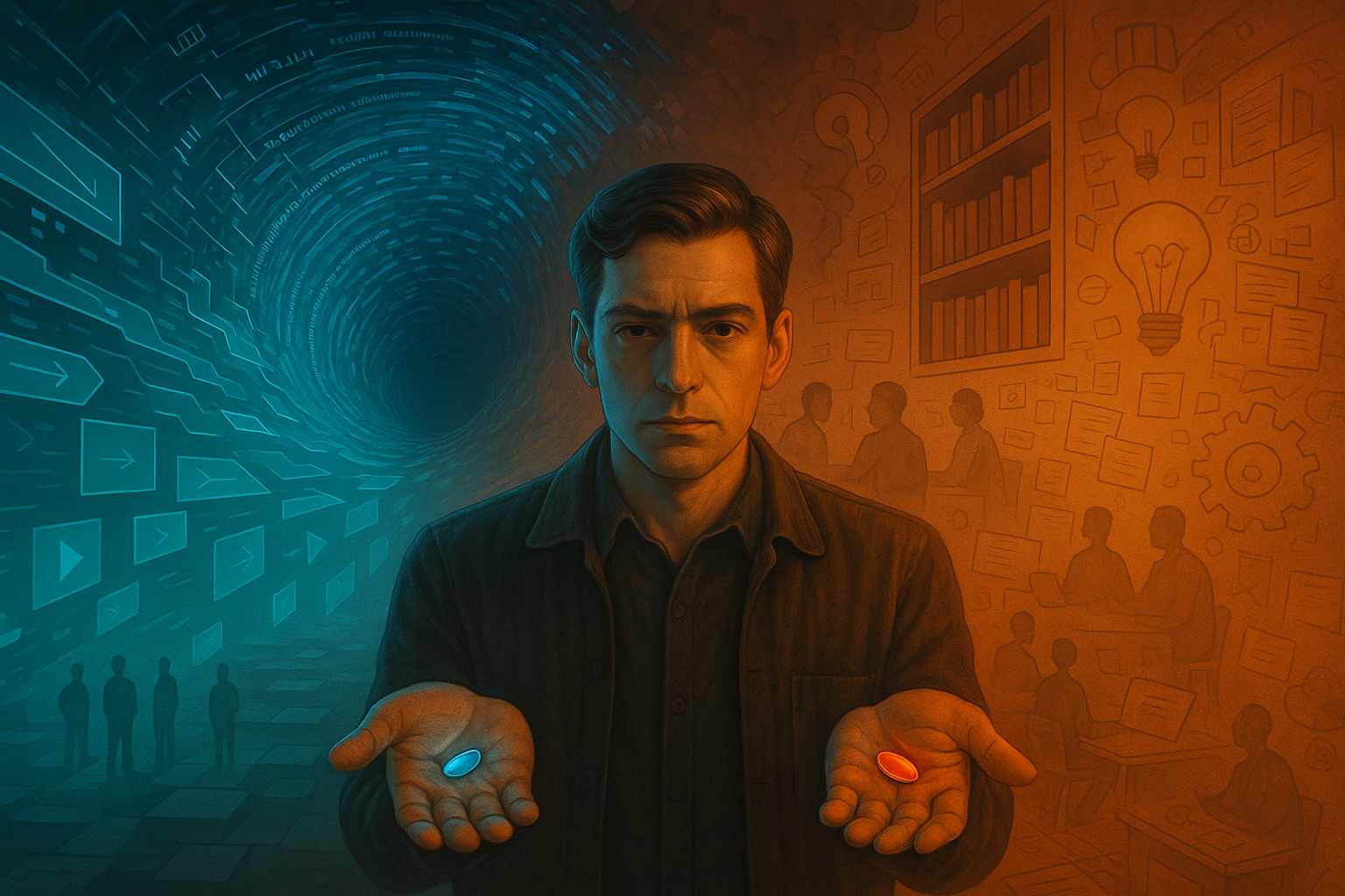 A man is holding a blue pill and a red pill in his hands.