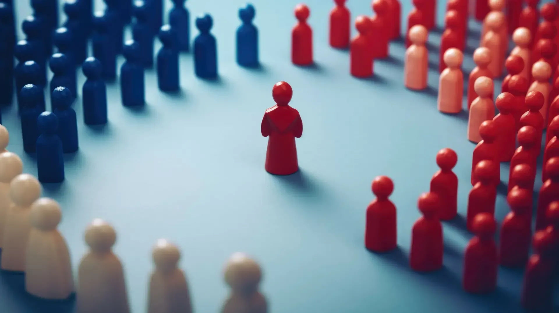 A group of wooden people are standing in a circle.