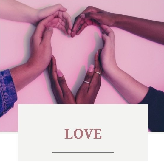Hands of various skin tones form a heart on a pink background,