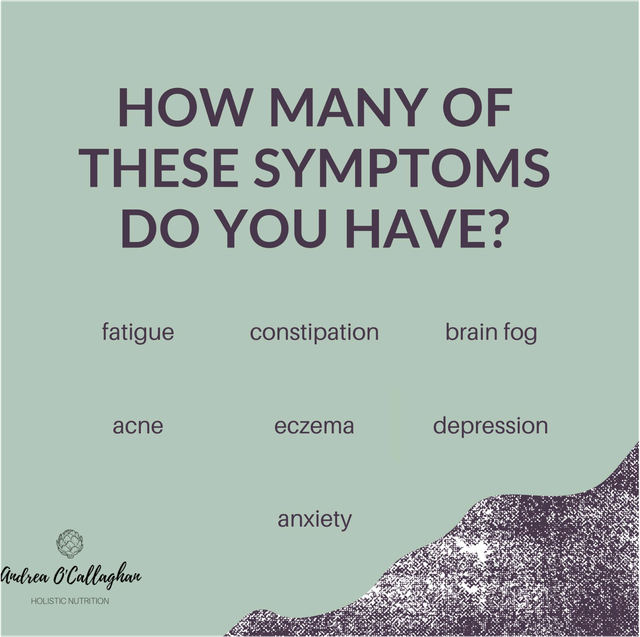 Text asking how many symptoms one has, listing fatigue, constipation, brain fog, acne, eczema, depression, and anxiety.