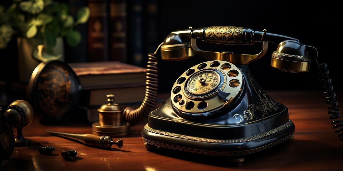 Vintage black and gold rotary telephone on a wooden desk with antique books.