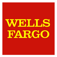 The wells fargo logo is on a red background.